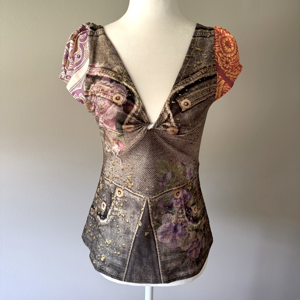 IPNG Designs Unique Print V-Neck Blouse Top with Rhinestones